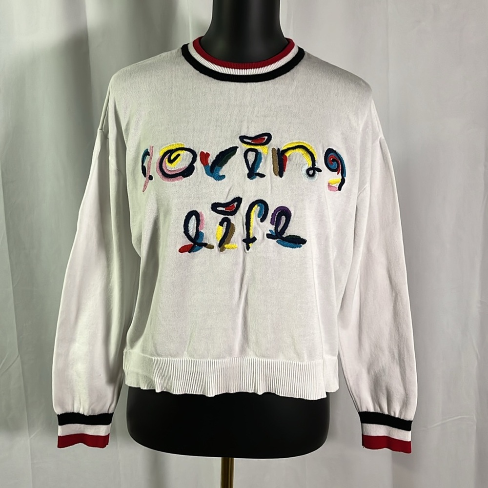 Gabby Isabella White Colorful Embroidered Loving Life Cropped Crew Neck Sweater